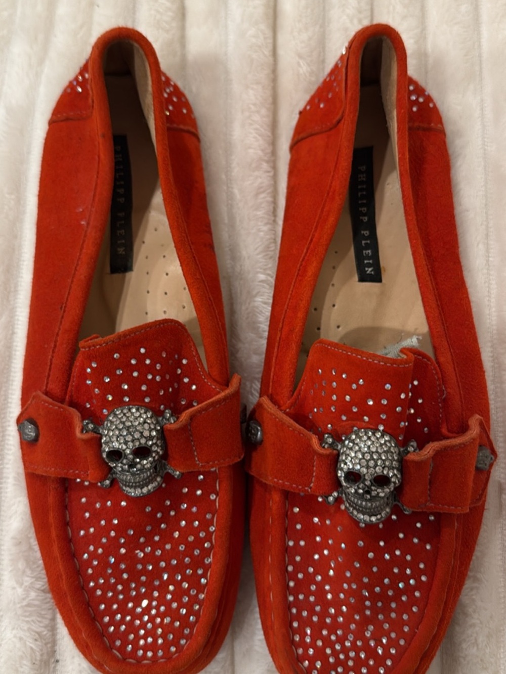 Philipp Plein Orange Suede Crystal Skull Moccassin